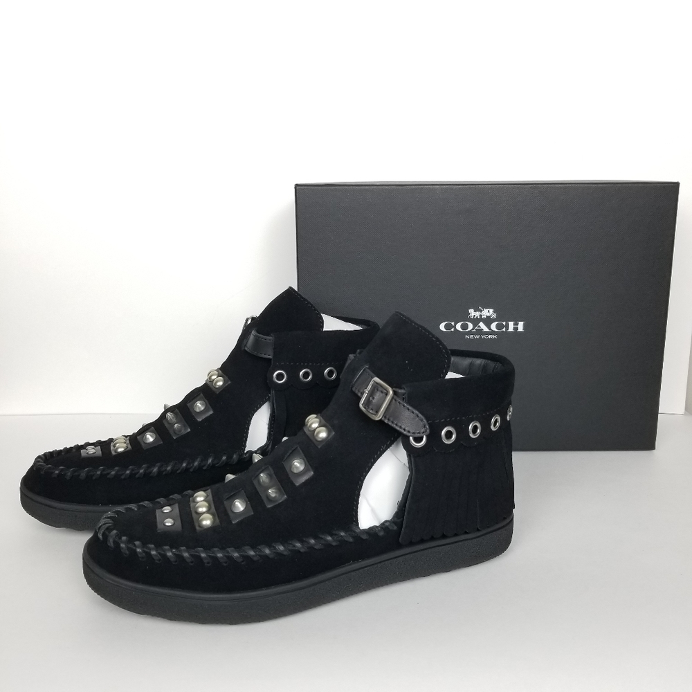 Coach Roccasin, black suede studded ankle moccasin